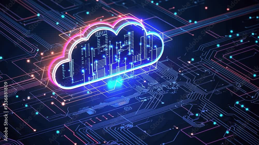 Poster futuristic cloud graphic overlaid on digital circuit board display in neon colors representing moder