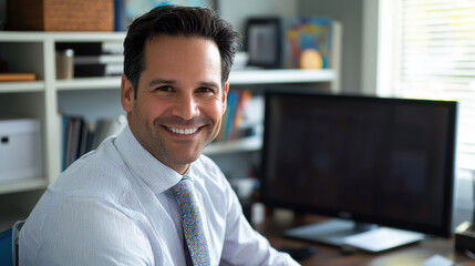 Fototapeta premium Upbeat man in his 40s with dark hair, wearing a tie, smiling in a home office with a large monitor and organized shelves in the back