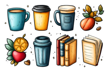 Coffee & Reads: An inviting assortment of coffee cups, beans, slice of fruit, and stacked books, all presented in an artistic and captivating illustration. 