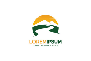 Vector illustration of green road or river logo design with mountains