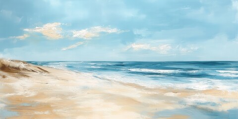 Fototapeta premium Seashore Serenity: A serene panorama of a sandy beach, where the sea waves meet the sky, painted with gentle brushstrokes creating an impression of peace. 