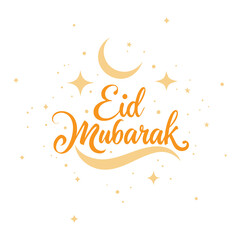 Eid Mubarak Eid Al Fitr, Orange Text with Stars and Crescent Moon. Isolated on White Background and Transparent PNG.