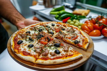 A colorful pizza with black olives, green peppers and meat on top of the cheese crust is cut into A colorful pizza with black olives, 
