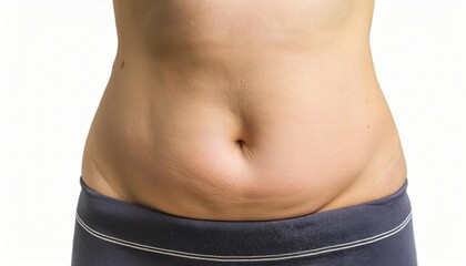 Naklejka premium a rounded belly with a prominent crease where the skin folds naturally, soft abdominal fat, weight gain, untoned stomach, female midsection, in isolated clean white background, no shadow 