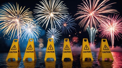 Colorful fireworks display over a reflection in water with caution signs in the foreground