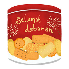 Selamat Lebaran, Kaleng Biskuit, Biscuit Can. Eid Mubarak Eid Al Fitr. Isolated on White Background and Transparent PNG.
