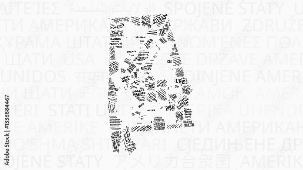 Poster alabama intro animation. state with counties illustration video. background with state names in vari