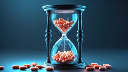 A glass hourglass filled with orange pills, illuminated in a cool blue light against a dark background, symbolizing time and health
