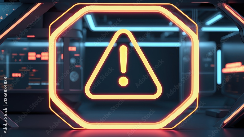 Poster a glowing warning sign with an exclamation mark symbol set against a high-tech backdrop with blue an
