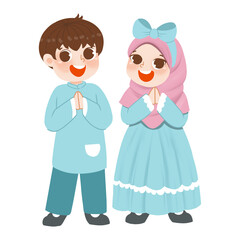 Moslem Boy and Girl. Eid Mubarak Eid Al Fitr. Isolated on White Background and Transparent PNG.