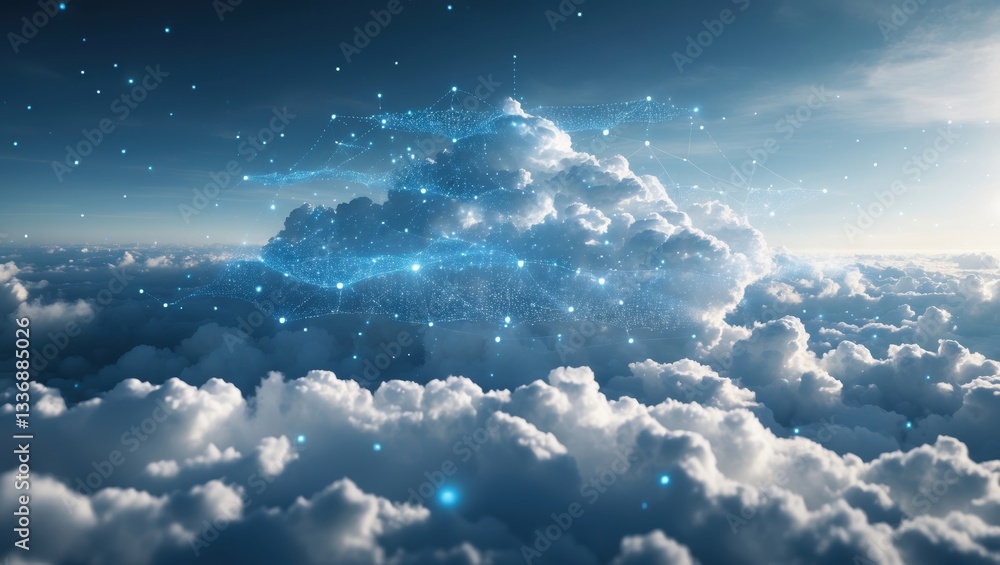 Aufkleber a captivating view of luminous clouds illuminated by sparkling light particles, set against a serene