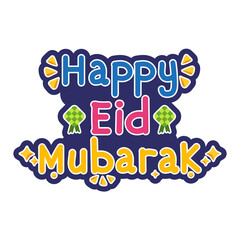 Happy Eid Mubarak Eid Al Fitr, Colorful Text with Blue Outline. Isolated on White Background and Transparent PNG.
