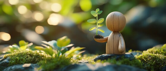 A wooden figure with a sprouting plant in a hand, representing growth and potential, soft lighting, natural textures, highquality, 8K render