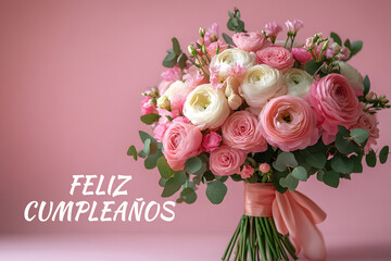 Bouquet of flowers and Happy Birthday inscription in Spanish.