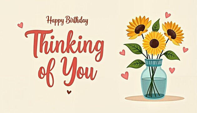 "Happy Birthday Thinking of You" greeting card with sunflowers, floral and festive style, in yellow and beige colors, birthday celebration concept