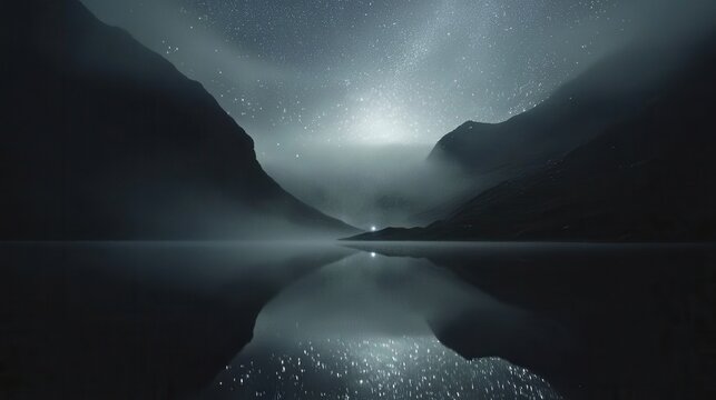 Serene Nightscape Misty Mountains and Starry Reflections