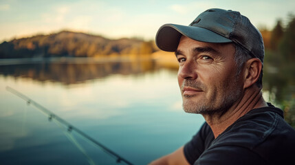 Obraz premium Portrait of middle age man with a relaxed expression, wearing a baseball cap, fishing by a lake, beautiful landscape reflecting on water, capturing a moment of leisure and tranquility