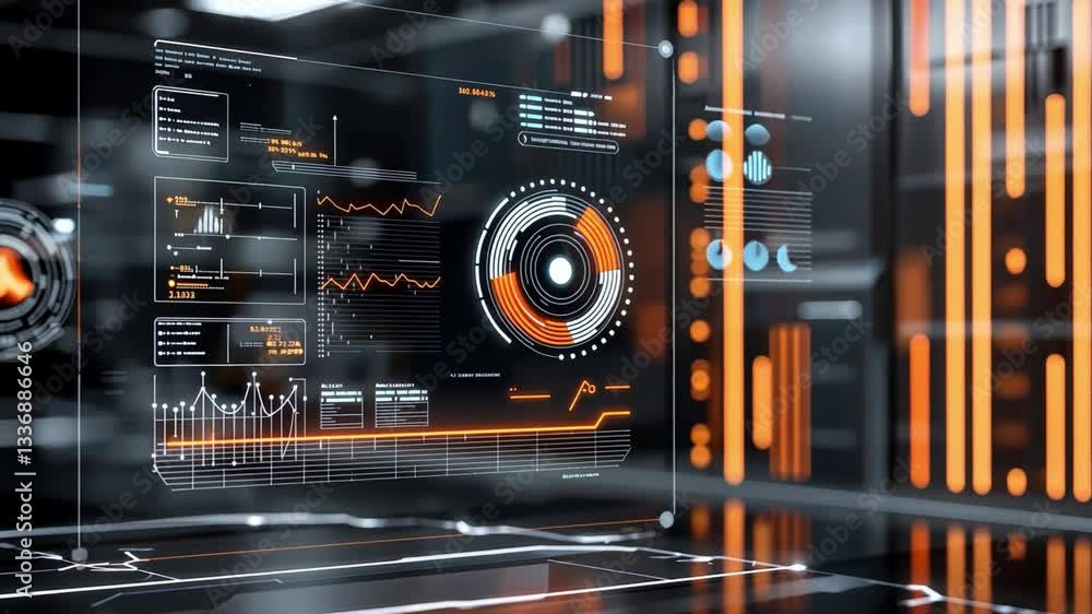 Poster futuristic data visualization interface with transparent displays and interactive graphs in high-tec