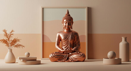 Serene Copper Buddha Statue in Minimalist Peaceful Home Decor Setting