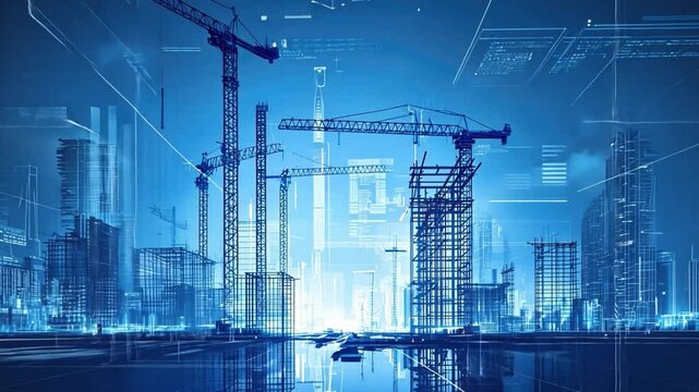 Futuristic Urban Construction Scene with Cranes and Digital Overlay Illustrating Innovation in City Development and Architectural Advancement