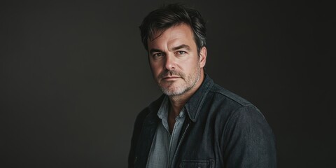 Obraz premium Confident Middle-Aged Man in Casual Attire Against a Dark Background