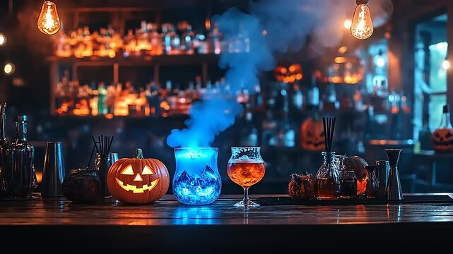 Halloween-themed bar with spooky drinks and pumpkins