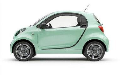 A small, mint green car with a sleek design, showcasing its compact size and modern features from a side view.