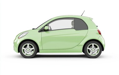 Obraz premium A sleek, light green compact car viewed from the side, showcasing its modern design and small size, ideal for city driving.