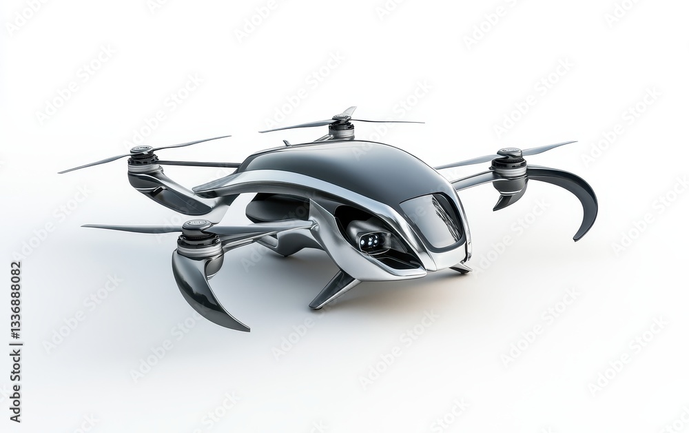 Poster a futuristic drone with a sleek design featuring multiple rotors and a stylized body, representing a