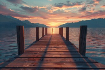 Obraz premium Pixel Perfect Image of Sunset Overlooking a Lake and Wooden Pier