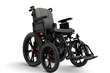 Fototapeta premium A modern black wheelchair designed for mobility, featuring large wheels and a comfortable seating area.