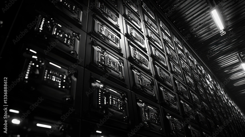 Poster a massive data center with endless rows of illuminated servers.