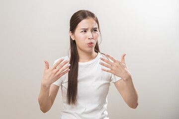 Hot weather and health care concept asian young woman suffering from heat, feeling discomfort with...