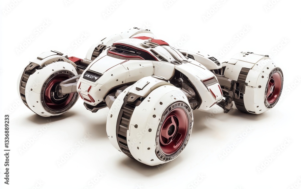 Poster a futuristic robotic vehicle with a sleek design and large wheels, emphasizing advanced technology a