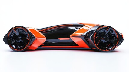 Fototapeta premium A sleek, futuristic vehicle design featuring a glossy black and vibrant orange color scheme, showcasing unique aerodynamic features.