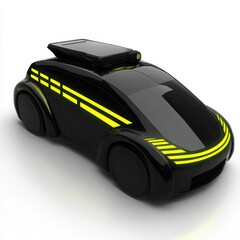 A sleek, futuristic black car with yellow stripes, designed for advanced mobility, possibly a concept vehicle showcasing innovation in automotive technology.