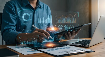 Un analista utiliza una computadora y un tablero de instrumentos para el análisis de datos comerciales y un sistema de gestión de datos con KPI y métricas conectadas a la base de datos para finanzas t