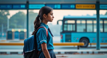 Girl in school uniform waiting at empty bus stop background