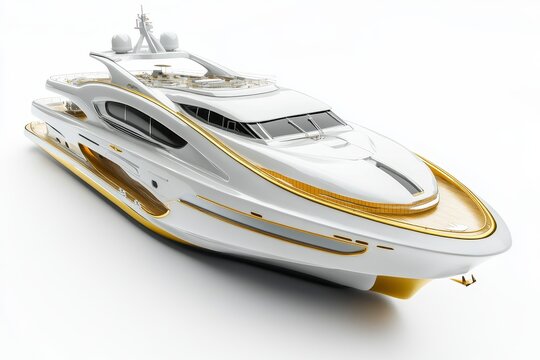 A sleek, luxurious yacht with a white body and golden accents, showcasing elegance and sophistication on the water.