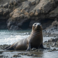 Vertical shot of a harbor seal by the sea