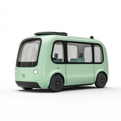 A modern, mint green autonomous bus with a sleek design, featuring large windows and a minimalist aesthetic, ideal for urban transport.