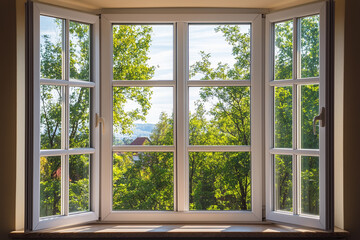 Fototapeta premium Windows of various thicknesses showcasing lush greenery and bright sunlight in a serene home interior setting