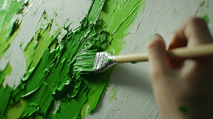 A hand paints a white wall vibrant green.