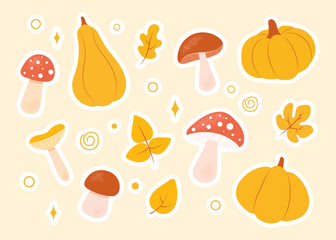 Set of autumn stickers with cute seasonal elements - pumpkin, gourd, different forest mushrooms - amanita, chanterelle, boletus, leaves, foliage. Hand drawn flat cartoon vector collection