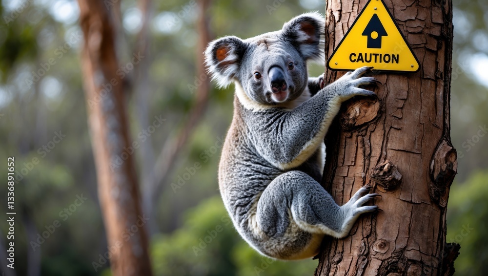 Aufkleber a koala perched on a tree trunk in a natural environment, near a caution sign displaying a triangle 