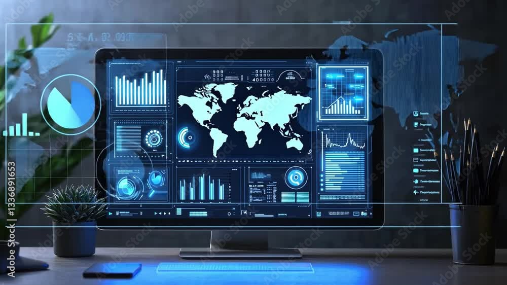 Poster futuristic data visualization displaying global metrics with graphs and charts on a modern computer 