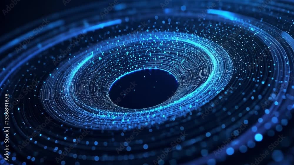 Poster abstract futuristic digital background with glowing particles forming circular patterns and depth, i