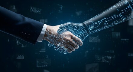 Un hombre de negocios y un robot se dan la mano para hablar sobre innovación tecnológica, avances en el aprendizaje automático y alianzas con la futura Inteligencia Artificial General.