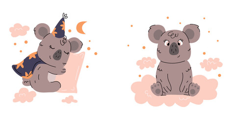 set of cute koalas cute sleeping koala koala on clouds illustrations for childrens room with koala poster banner for childrens room with animals