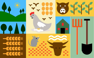Farm elements in flat, cartoon style